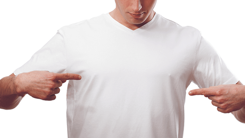Man in a white shirt pointing at himself