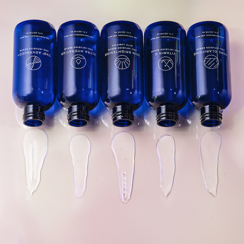 Bottles of serums used in facial treatments and chemical peels.